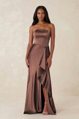 Sheath Strapless Ruffled Satin Bridesmaid Dress in Espresso - KISS BRIDAL Bridesmaid Dresses