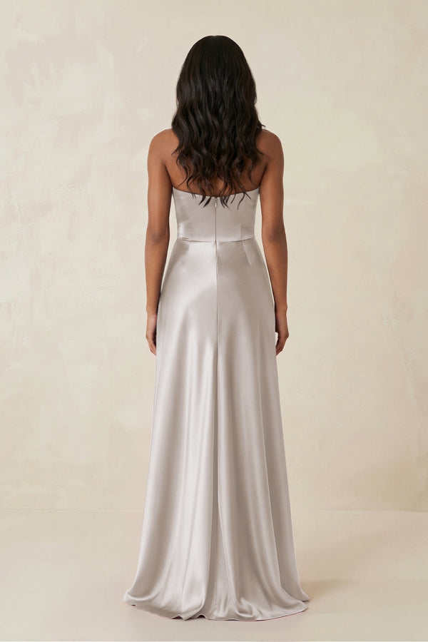 Sheath Strapless Ruffled Satin Bridesmaid Dress in Frost - KISS BRIDAL Bridesmaid Dresses
