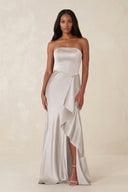 Sheath Strapless Ruffled Satin Bridesmaid Dress in Frost - KISS BRIDAL Bridesmaid Dresses