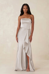 Sheath Strapless Ruffled Satin Bridesmaid Dress in Frost - KISS BRIDAL Bridesmaid Dresses