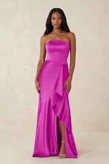 Sheath Strapless Ruffled Satin Bridesmaid Dress in Fuchsia - KISS BRIDAL Bridesmaid Dresses
