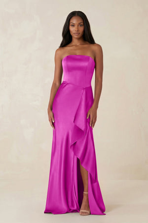 Sheath Strapless Ruffled Satin Bridesmaid Dress in Fuchsia - SHE IS ME Bridesmaid Dresses