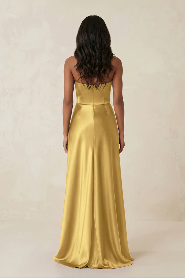 Sheath Strapless Ruffled Satin Bridesmaid Dress in Gold - KISS BRIDAL Bridesmaid Dresses