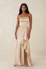 Sheath Strapless Ruffled Satin Bridesmaid Dress in Golden Champagne - KISS BRIDAL Bridesmaid Dresses