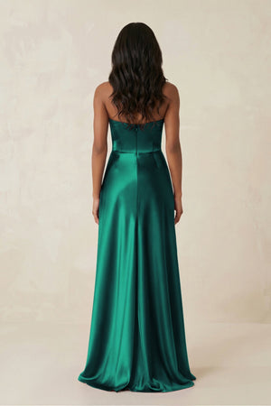 Sheath Strapless Ruffled Satin Bridesmaid Dress in Green - KISS BRIDAL Bridesmaid Dresses