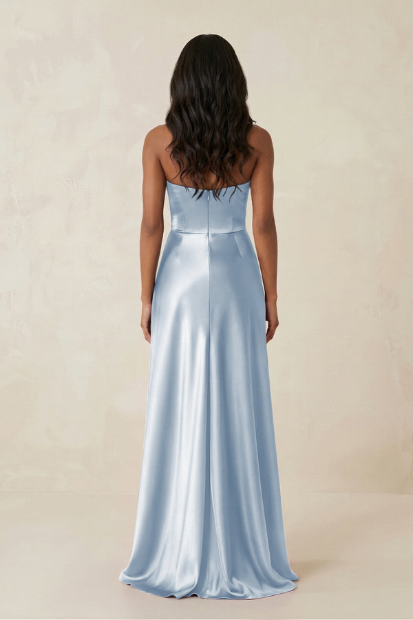 Sheath Strapless Ruffled Satin Bridesmaid Dress in Ice - KISS BRIDAL Bridesmaid Dresses