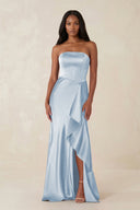 Sheath Strapless Ruffled Satin Bridesmaid Dress in Ice - KISS BRIDAL Bridesmaid Dresses