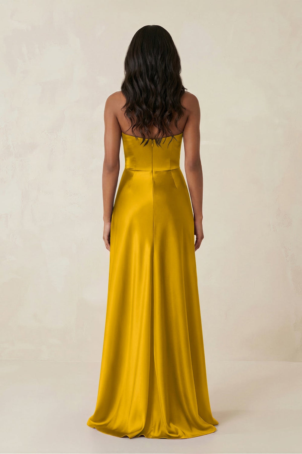 Sheath Strapless Ruffled Satin Bridesmaid Dress in Marigold - SHE IS ME Bridesmaid Dresses
