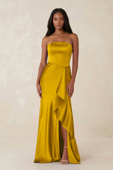 Sheath Strapless Ruffled Satin Bridesmaid Dress in Marigold - KISS BRIDAL Bridesmaid Dresses