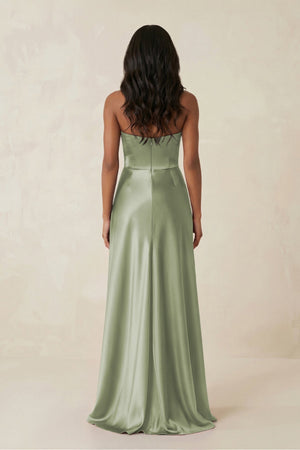 Sheath Strapless Ruffled Satin Bridesmaid Dress in Matcha - KISS BRIDAL Bridesmaid Dresses