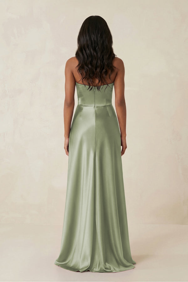 Sheath Strapless Ruffled Satin Bridesmaid Dress in Matcha - KISS BRIDAL Bridesmaid Dresses