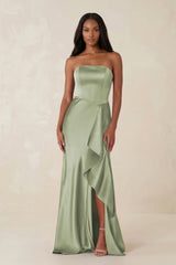 Sheath Strapless Ruffled Satin Bridesmaid Dress in Matcha - KISS BRIDAL Bridesmaid Dresses