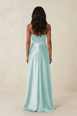 Sheath Strapless Ruffled Satin Bridesmaid Dress in Mist - KISS BRIDAL Bridesmaid Dresses