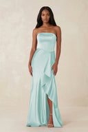 Sheath Strapless Ruffled Satin Bridesmaid Dress in Mist - KISS BRIDAL Bridesmaid Dresses