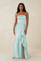 Sheath Strapless Ruffled Satin Bridesmaid Dress in Mist - KISS BRIDAL Bridesmaid Dresses