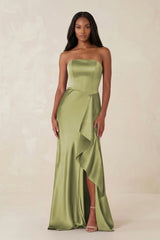 Sheath Strapless Ruffled Satin Bridesmaid Dress in Moss Green - KISS BRIDAL Bridesmaid Dresses