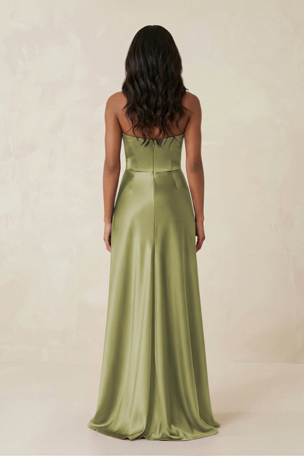 Sheath Strapless Ruffled Satin Bridesmaid Dress in Moss Green - KISS BRIDAL Bridesmaid Dresses