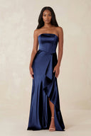 Sheath Strapless Ruffled Satin Bridesmaid Dress in Navy - KISS BRIDAL Bridesmaid Dresses