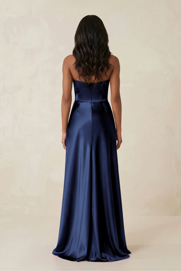 Sheath Strapless Ruffled Satin Bridesmaid Dress in Navy - KISS BRIDAL Bridesmaid Dresses