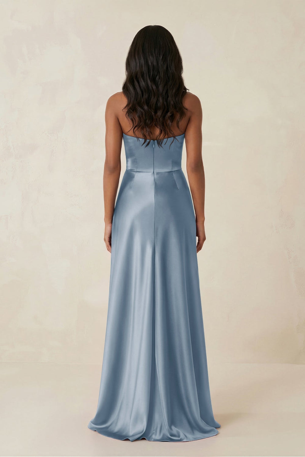 Sheath Strapless Ruffled Satin Bridesmaid Dress in Neptune - KISS BRIDAL Bridesmaid Dresses