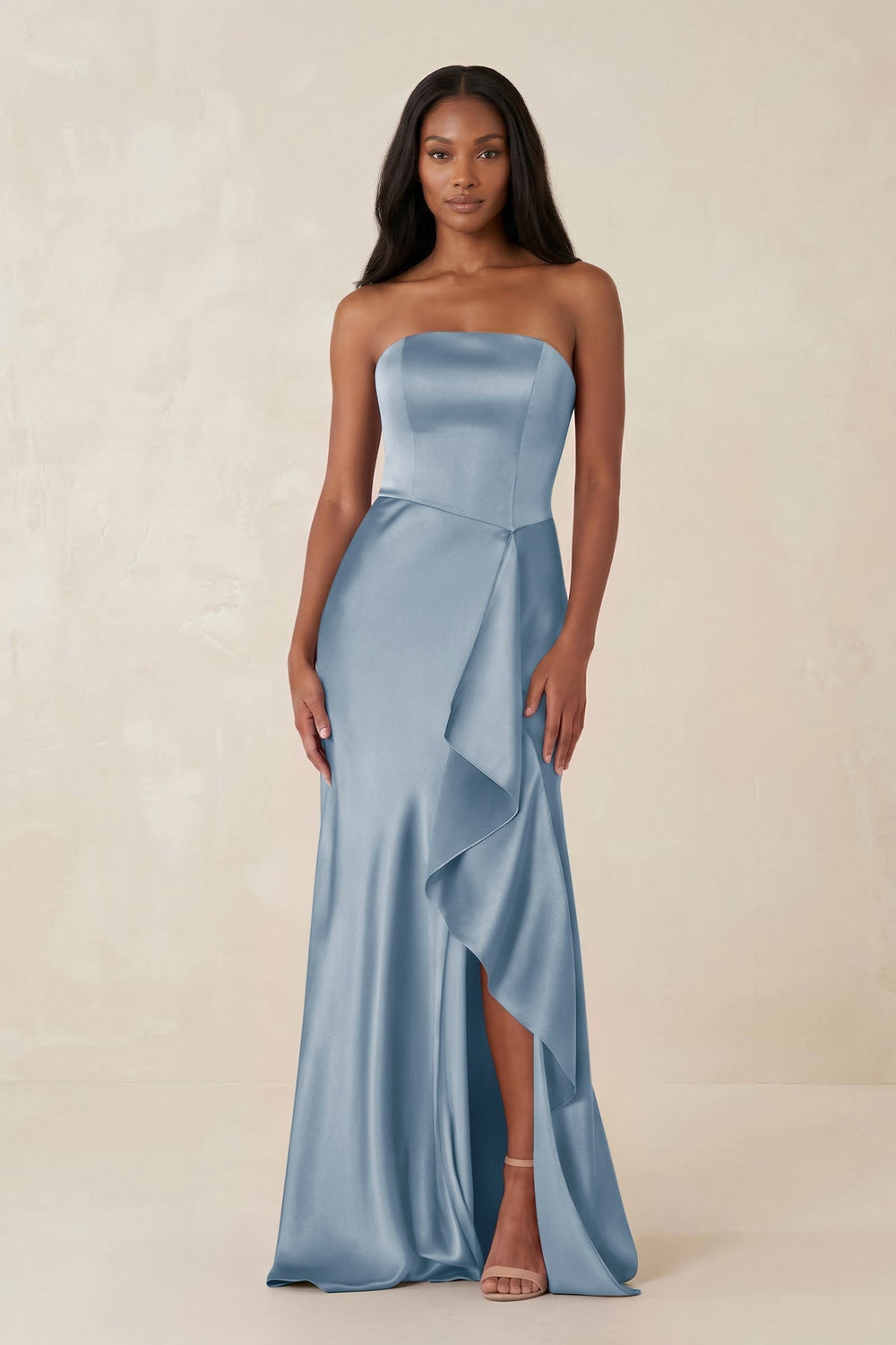 Sheath Strapless Ruffled Satin Bridesmaid Dress in Neptune - KISS BRIDAL Bridesmaid Dresses