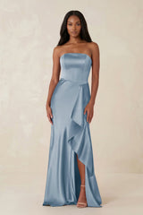 Sheath Strapless Ruffled Satin Bridesmaid Dress in Neptune - KISS BRIDAL Bridesmaid Dresses