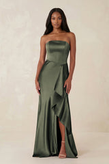 Sheath Strapless Ruffled Satin Bridesmaid Dress in Olive - KISS BRIDAL Bridesmaid Dresses