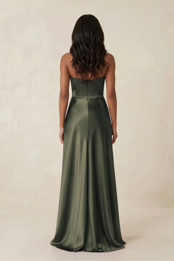 Sheath Strapless Ruffled Satin Bridesmaid Dress in Olive - KISS BRIDAL Bridesmaid Dresses