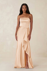 Sheath Strapless Ruffled Satin Bridesmaid Dress in Pale Blush - KISS BRIDAL Bridesmaid Dresses