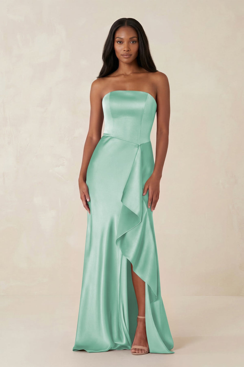 Sheath Strapless Ruffled Satin Bridesmaid Dress in Pale Pistachio - SHE IS ME Bridesmaid Dresses