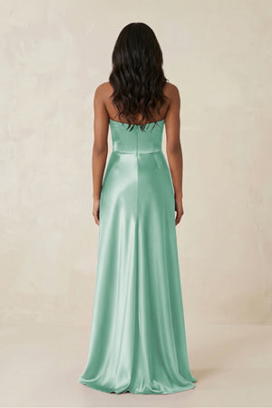 Sheath Strapless Ruffled Satin Bridesmaid Dress in Pale Pistachio - KISS BRIDAL Bridesmaid Dresses
