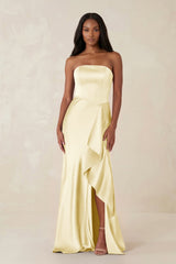 Sheath Strapless Ruffled Satin Bridesmaid Dress in Pastel Yellow - KISS BRIDAL Bridesmaid Dresses