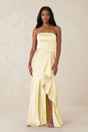 Sheath Strapless Ruffled Satin Bridesmaid Dress in Pastel Yellow - KISS BRIDAL Bridesmaid Dresses