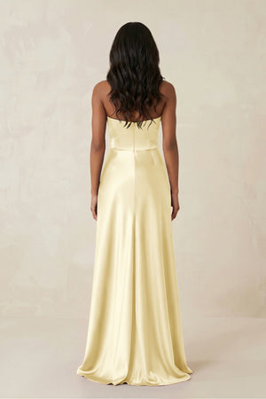 Sheath Strapless Ruffled Satin Bridesmaid Dress in Pastel Yellow - KISS BRIDAL Bridesmaid Dresses