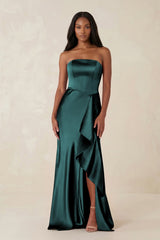 Sheath Strapless Ruffled Satin Bridesmaid Dress in Pine - KISS BRIDAL Bridesmaid Dresses