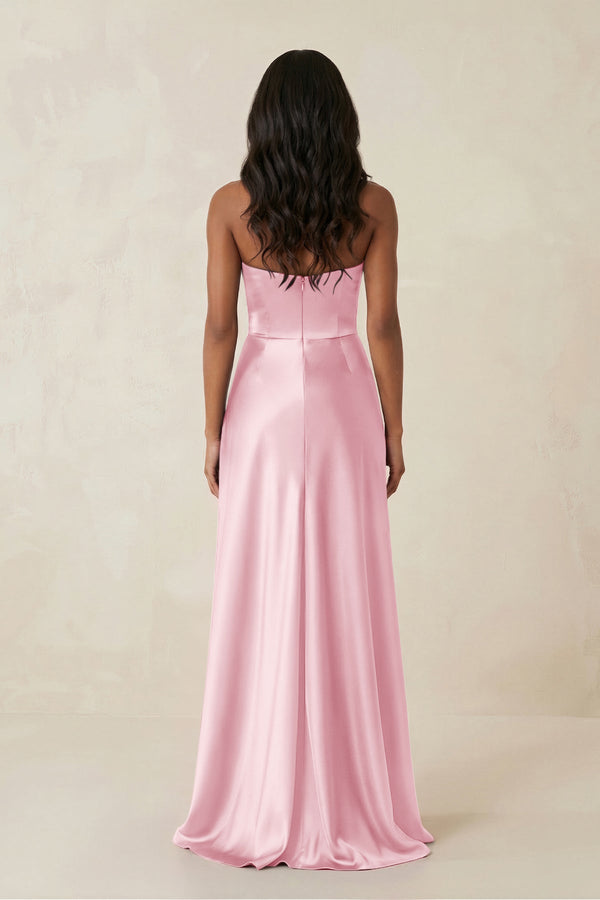 Sheath Strapless Ruffled Satin Bridesmaid Dress in PInk - KISS BRIDAL Bridesmaid Dresses