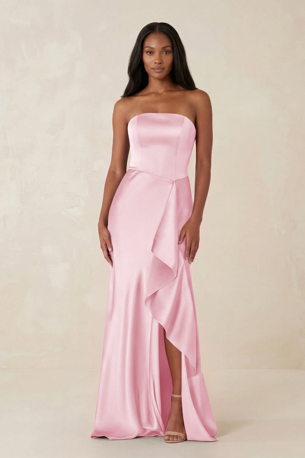 Sheath Strapless Ruffled Satin Bridesmaid Dress in PInk - SHE IS ME Bridesmaid Dresses