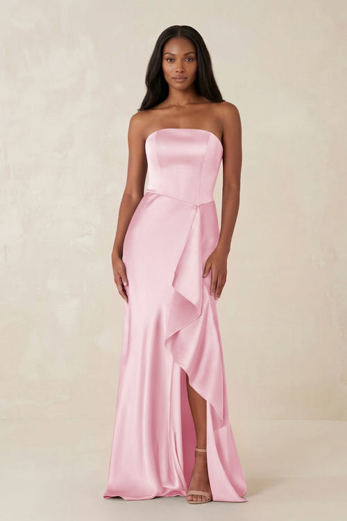 Sheath Strapless Ruffled Satin Bridesmaid Dress in PInk - KISS BRIDAL Bridesmaid Dresses