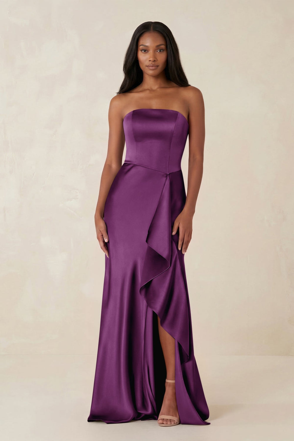 Sheath Strapless Ruffled Satin Bridesmaid Dress in Plum - KISS BRIDAL Bridesmaid Dresses