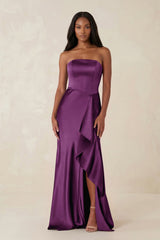 Sheath Strapless Ruffled Satin Bridesmaid Dress in Plum - KISS BRIDAL Bridesmaid Dresses
