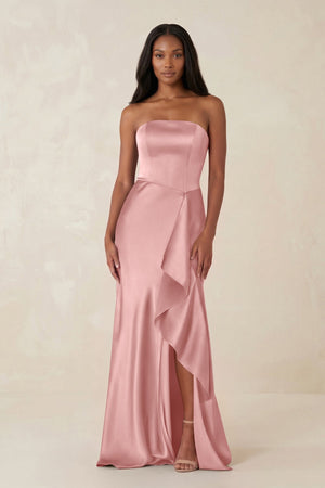 Sheath Strapless Ruffled Satin Bridesmaid Dress in Rosette - KISS BRIDAL Bridesmaid Dresses