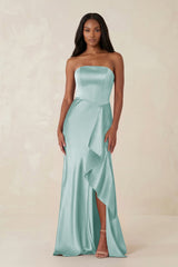 Sheath Strapless Ruffled Satin Bridesmaid Dress in Sage - KISS BRIDAL Bridesmaid Dresses