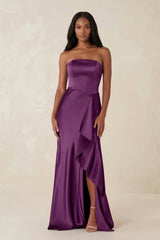 Sheath Strapless Ruffled Satin Bridesmaid Dress in Sangria - KISS BRIDAL Bridesmaid Dresses