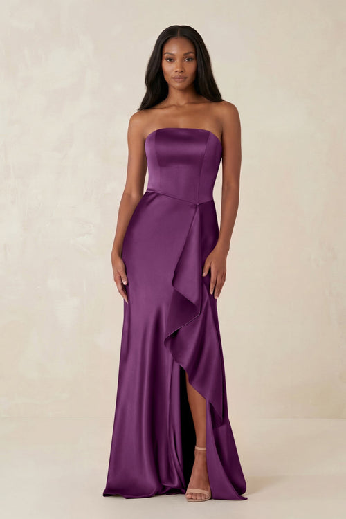 Sheath Strapless Ruffled Satin Bridesmaid Dress in Sangria - KISS BRIDAL Bridesmaid Dresses