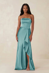 Sheath Strapless Ruffled Satin Bridesmaid Dress in Sea Glass - KISS BRIDAL Bridesmaid Dresses