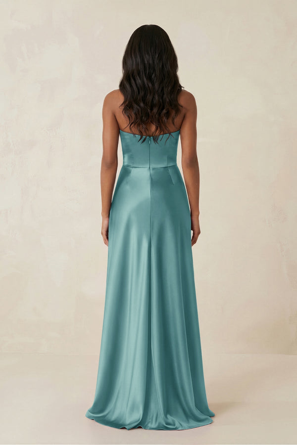 Sheath Strapless Ruffled Satin Bridesmaid Dress in Sea Glass - KISS BRIDAL Bridesmaid Dresses