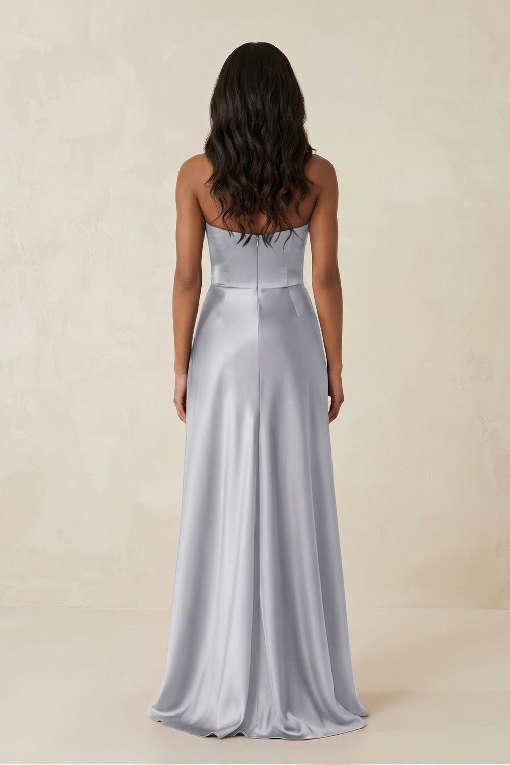 Sheath Strapless Ruffled Satin Bridesmaid Dress in Silver - KISS BRIDAL Bridesmaid Dresses