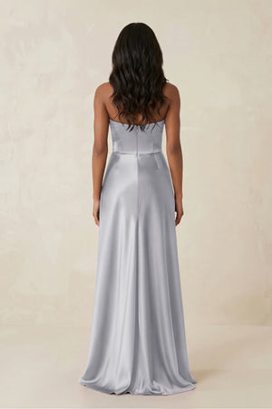 Sheath Strapless Ruffled Satin Bridesmaid Dress in Silver - KISS BRIDAL Bridesmaid Dresses