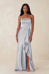 Sheath Strapless Ruffled Satin Bridesmaid Dress in Silver - KISS BRIDAL Bridesmaid Dresses