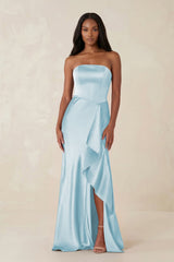 Sheath Strapless Ruffled Satin Bridesmaid Dress in Sky Blue - KISS BRIDAL Bridesmaid Dresses